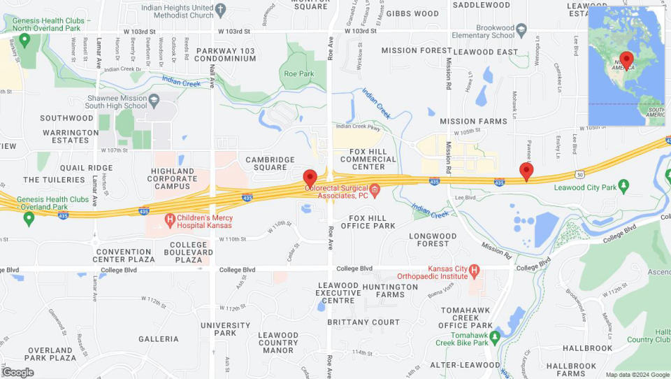 A detailed map that shows the affected road due to 'Drivers cautioned as heavy rain triggers traffic concerns on eastbound I-435 in Overland Park' on May 2nd at 3:50 p.m.