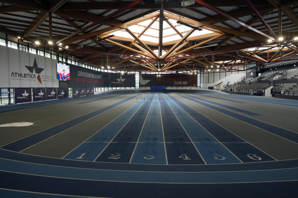 Sunlight streams through a skylight at the Stephane Diagana stadium in the base camp for the U.S athletes at the Paris 2024 Olympic Games, Thursday, June 13, 2024, in Eaubonne, a suburb north of Paris. (AP Photo/Thibault Camus)