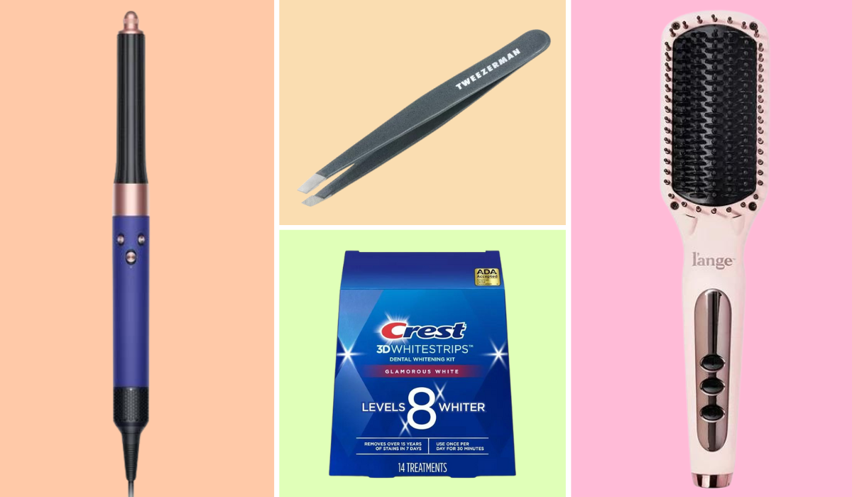 Dyson Airwrap, Tweezerman tweezers, Crest whitestrips kit, and L'ange straightening brush