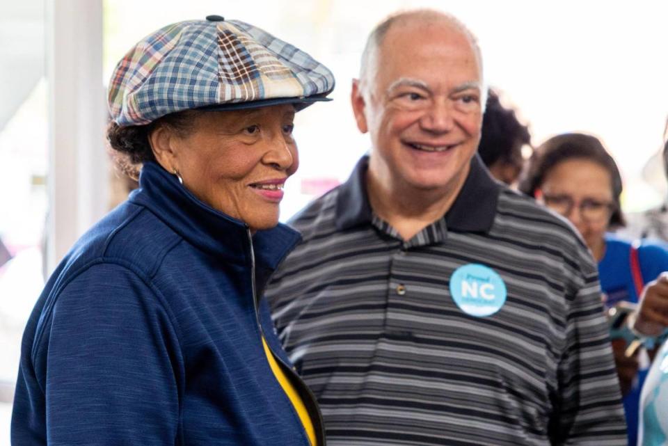 US Rep. Alma Adams smiles for a photo with attendees after a rally at the Mecklenburg County Democratic Party office on Sunday, April 16, 2023. The rally was to denounce the decision of Rep. Tricia Cotham to make a surprise switch from the Democratic Party to the GOP in the State’s House of Representatives. The rally was also the start line for volunteers to sign up to canvas neighborhoods.