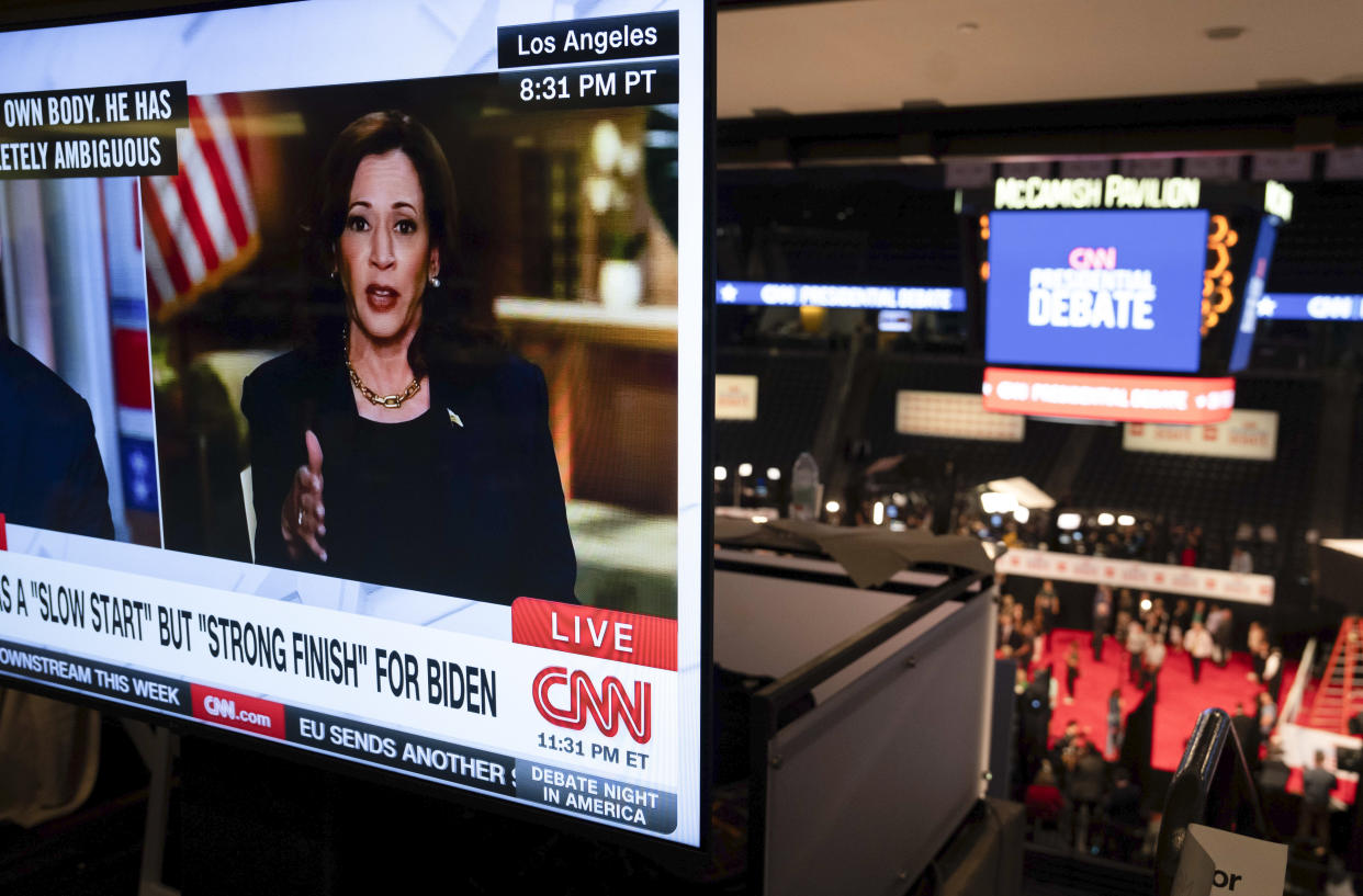 A screen shows Vice Resident Kamala Harris during an interview in the spin room after the CNN presidential debate between President Joe Biden and former President Donald Trump in Atlanta, on Thursday, June 27, 2024. (Ruth Fremson/The New York Times)