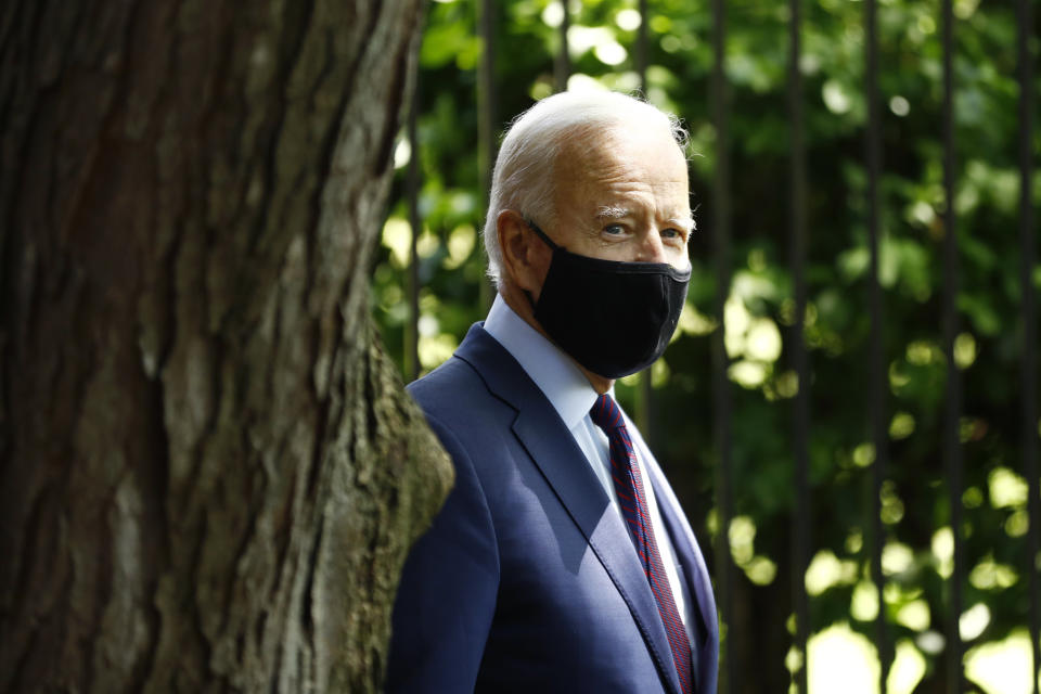 Democratic presidential candidate, former Vice President Joe Biden arrives to speak with families who have benefited from the Affordable Care Act, Thursday, June 25, 2020, in Lancaster, Pa. (AP Photo/Matt Slocum)