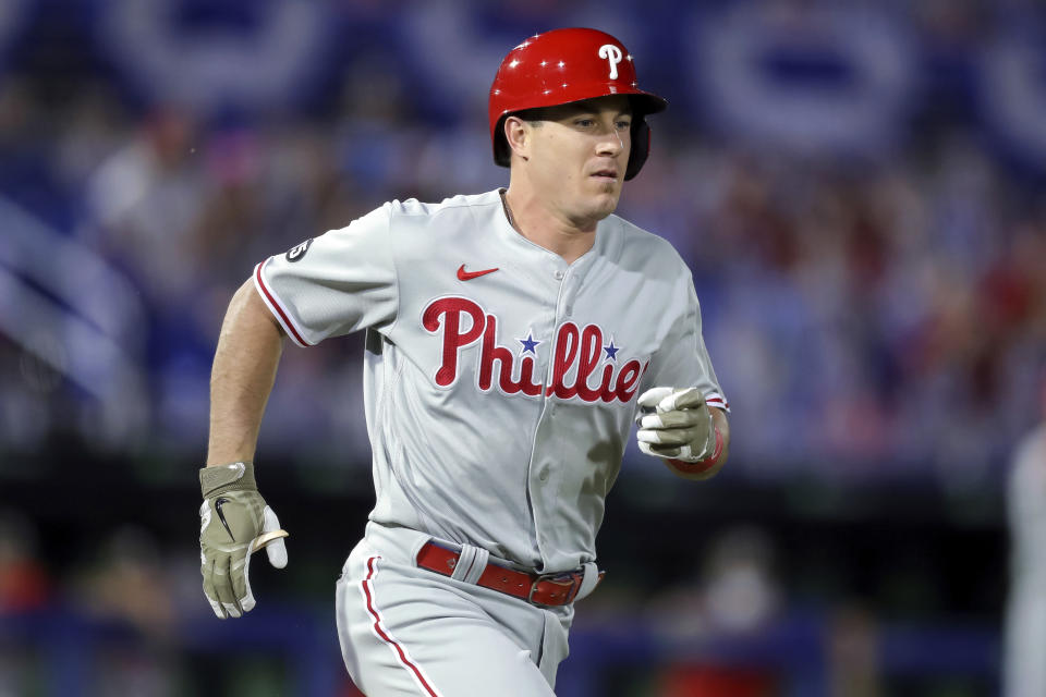 Philadelphia Phillies' J.T. Realmuto runs toward first as he grounds out against the Toronto Blue Jays during the third inning of a baseball game Friday, May 14, 2021, in Dunedin, Fla. (AP Photo/Mike Carlson)