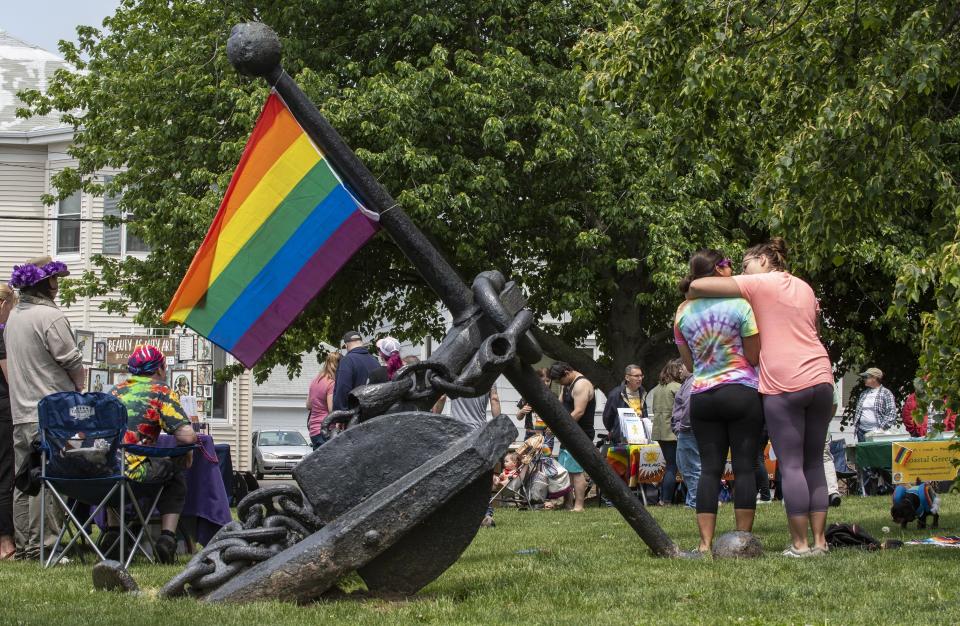 A rainbow flag flies during an LGBTQ Pride Month event in June 2019 at Equality Park in Newport.