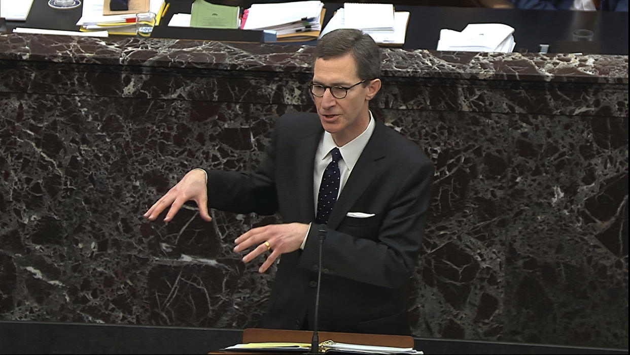 FILE - In this image from video, White House deputy counsel Patrick Philbin speaks during the impeachment trial against Trump in the Senate at the U.S. Capitol in Washington, Jan. 25, 2020. A federal grand jury investigating the Jan. 6, 2021 assault on the U.S. Capitol has subpoenaed former White House counsel under former President Donald Trump, Pat Cipollone, as well as his top deputy, Patrick Philbin, according to a person familiar with the matter. (Senate Television via AP, File)