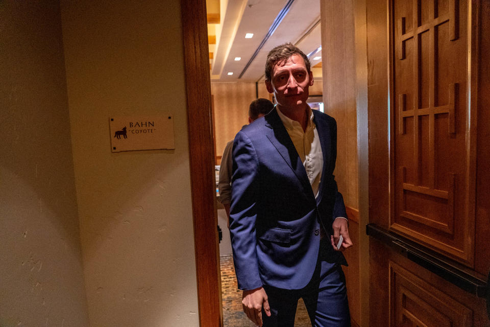 Blake Masters leaves after speaking with tribal leaders during a meeting organized by the Inter Tribal Association of Arizona at the Sheraton Grand at Wild Horse Pass at the Gila River Indian Community on Oct. 27, 2022.