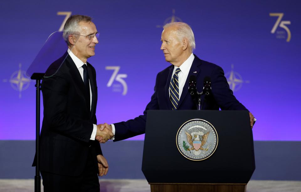 US President Joe Biden shakes hands with NATO Secretary General Jens Stoltenberg during the NATO 75th anniversary celebratory event at the Andrew Mellon Auditorium on July 9 in Washington, DC.
