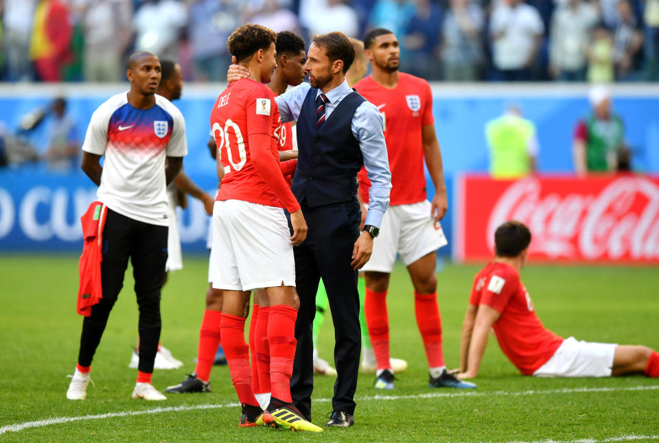 Gareth Southgate consoles Dele Alli after England’s defeat