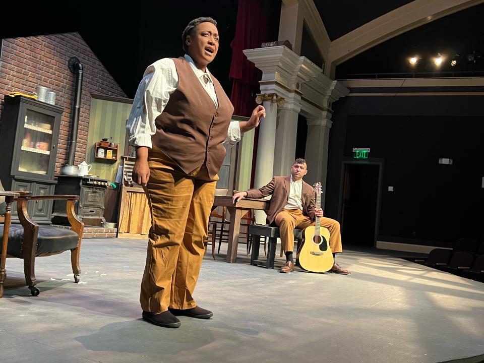 Bynum Walker (Laurisa LeSure) gives Jeremy Furlow (Torence Witherspoon) some sage advice about women during rehearsals for South Bend Civic Theatre's production of August Wilson's "Joe Turner's Come and Gone" that opens June 10 and continues through June 19, 2022, at the theater in downtown South Bend.
