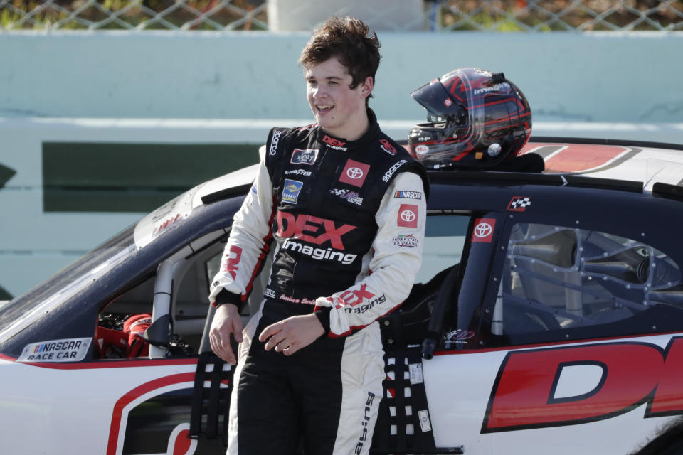 Harrison Burton gets out of his car after winning a NASCAR Xfinity Series auto race Saturday, June 13, 2020, in Homestead, Fla. (AP Photo/Wilfredo Lee)