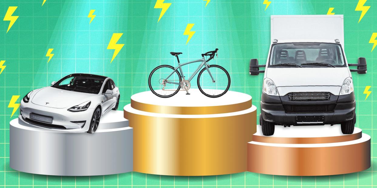 Three pedestals with vehicles on each: a bicycle in first place, an electric car in second, and a truck in third, against a green background with electricity bolts