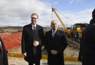 Bulgarian President Rumen Radev, right, and President of Serbia Aleksandar Vucic, attend the opening of the construction of the intersystem gas connection Bulgaria-Serbia, in the village of Golyanovtsi, Bulgaria, Wednesday, Feb.1, 2023. The presidents of Bulgaria and Serbia on Wednesday launched the construction of the Bulgarian part of a gas link that is designed to diversify the energy supplies of a region that until recently was almost fully dependent on natural gas deliveries from Russia. (AP Photo/Valentina Petrova)