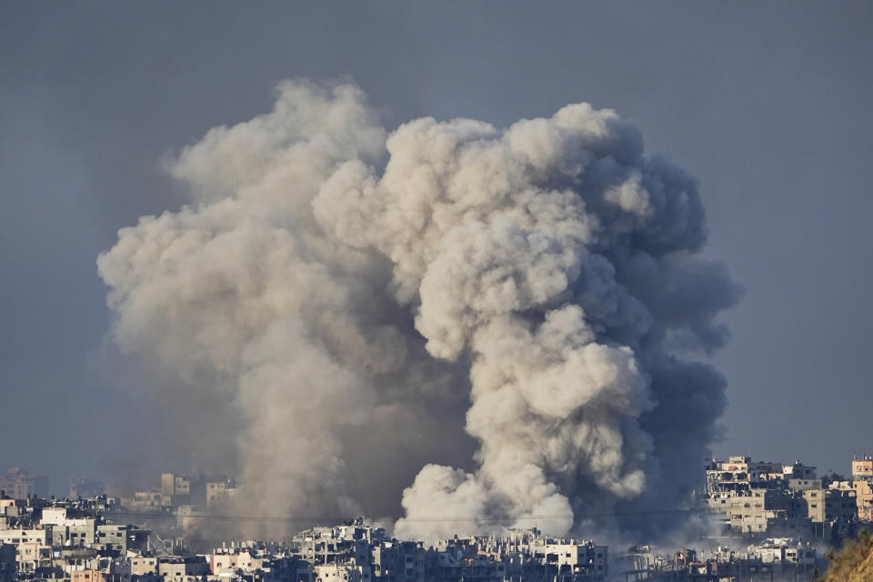 Smoke rises following an Israeli bombardment in the Gaza Strip, as seen from southern Israel, Saturday, Dec. 16, 2023. (AP Photo/Ariel Schalit)