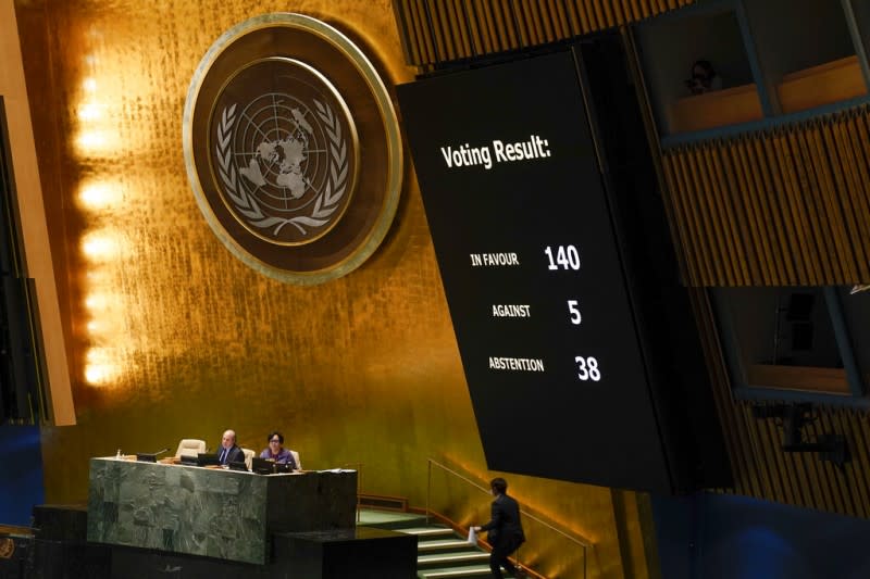 2022年3月24日，聯合國大會以140票同意、5票反對、38國棄權壓倒性通過不具約束力的決議，要求暢通援助途徑及保護平民，同時譴責俄國入侵烏克蘭造成的人道危機。 （美聯社）