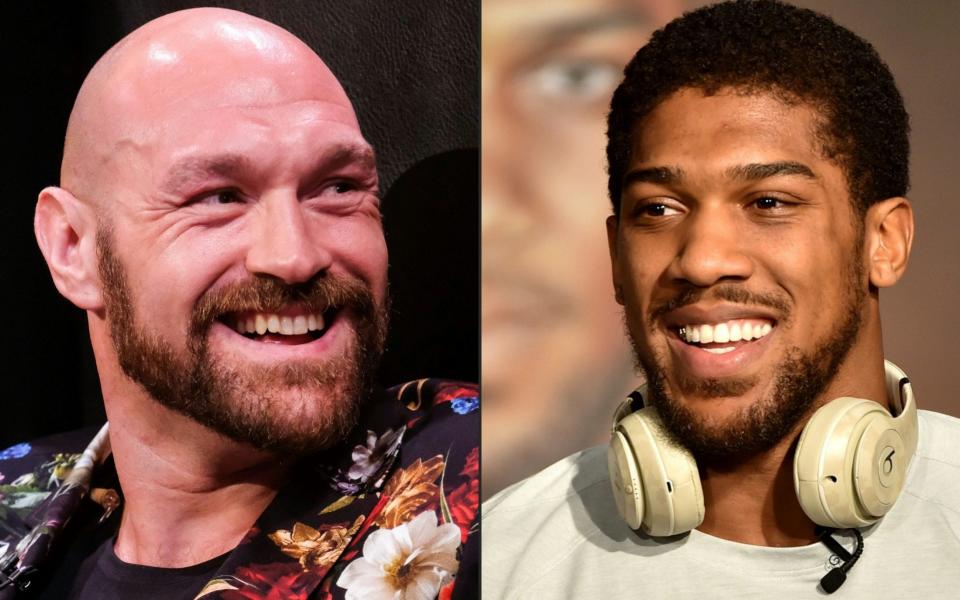 Boxer Tyson Fury (L) during a press conference in Los Angeles, California on January 25, 2020, and British heavyweight boxer Anthony Joshua during a press conference in Ad Diriyah - AFP