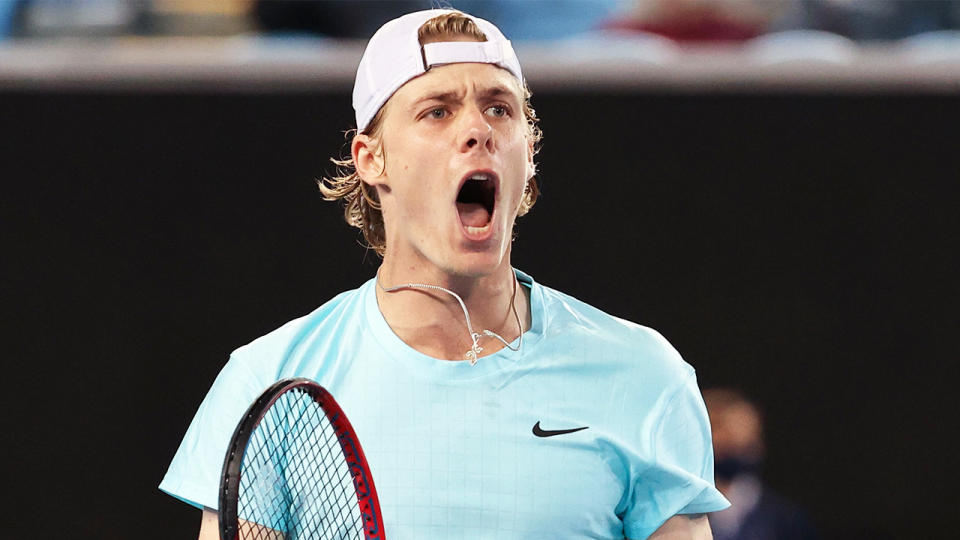 Denis Shapovalov (pictured) celebrates after winning a point.