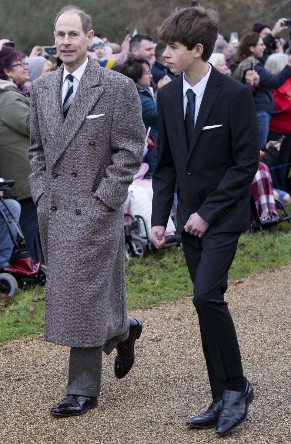 Prince Edward, Earl of Wessex and James Viscount Severn attend the Christmas Day service at St Mary Magdalene Church