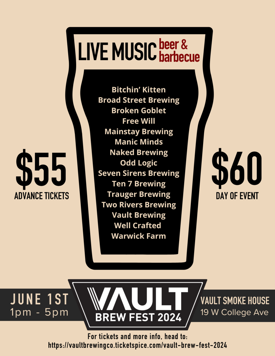 Vault Brew Fest will takes place June 1, 2024 at Vault Smoke House in Yardley, featuring local and regional breweries, food and live music.