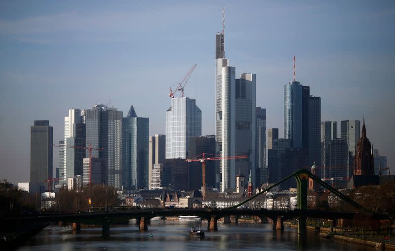 The banking district with the headquarters of Germany's second largest business bank, Commerzbank AG (highest building, centre) is seen from a bridge in Frankfurt