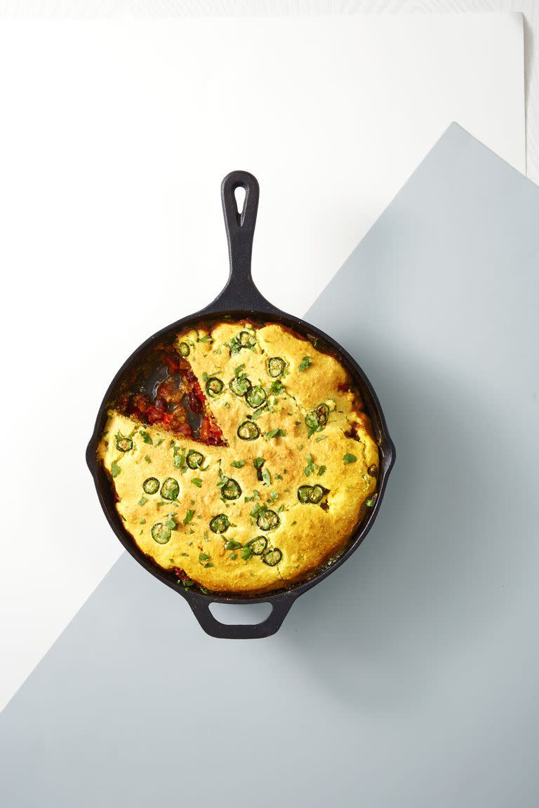 <p>Take advantage of the final days of winter (wishful thinking!) with this warm and cozy meat pie.</p><p><em><a href="https://www.goodhousekeeping.com/food-recipes/a42799/chili-pie-cornbread-crust-recipe/" rel="nofollow noopener" target="_blank" data-ylk="slk:Get the recipe for Chili Pie with Cornbread Crust »;elm:context_link;itc:0;sec:content-canvas" class="link ">Get the recipe for Chili Pie with Cornbread Crust »</a></em></p>