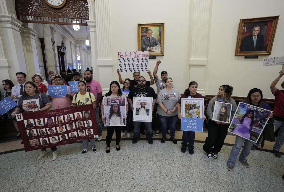 Parents and relatives of the students killed in the Uvalde school shooting join others protesting at the Texas Capitol and calling for tighter regulations on gun sales in Austin, Texas, Monday, May 8, 2023. A gunman killed eight people at a Dallas-area mall Saturday. (AP Photo/Eric Gay)