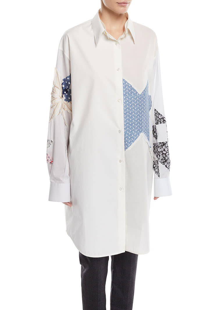 Your favorite plain white shirtdress got the quilted treatment. <em>Calvin Klein patchwork oversized shirtdress, $1,600 at <a href="https://www.bergdorfgoodman.com/CALVIN-KLEIN-205W39NYC-Patchwork-Button-Front-Long-Sleeve-Oversized-Shirtdress/prod139630239/p.prod" rel="nofollow noopener" target="_blank" data-ylk="slk:Bergdorf Goodman;elm:context_link;itc:0;sec:content-canvas" class="link ">Bergdorf Goodman</a></em>