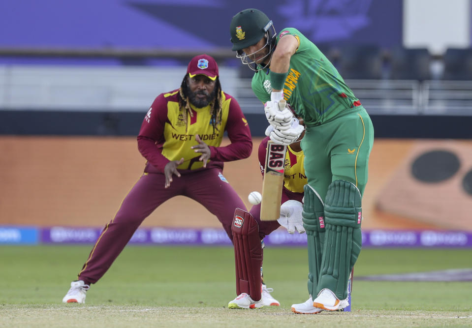 South Africa's Reeza Hendricks bats during the Cricket Twenty20 World Cup match between South Africa and the West Indies in Dubai, UAE, Tuesday, Oct. 26, 2021. (AP Photo/Kamran Jebreili)