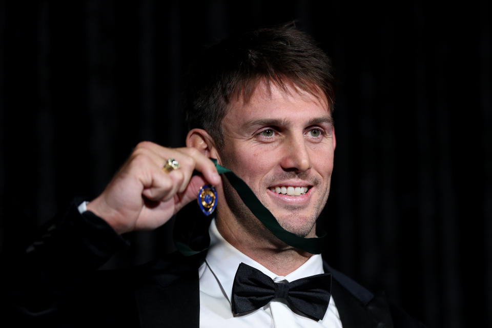 MELBOURNE, AUSTRALIA - JANUARY 31: Mitch Marsh poses with the Allan Border Medal during the 2024 Cricket Australia Awards at Crown Palladium on January 31, 2024 in Melbourne, Australia. (Photo by Jonathan DiMaggio/Getty Images for Cricket Australia)