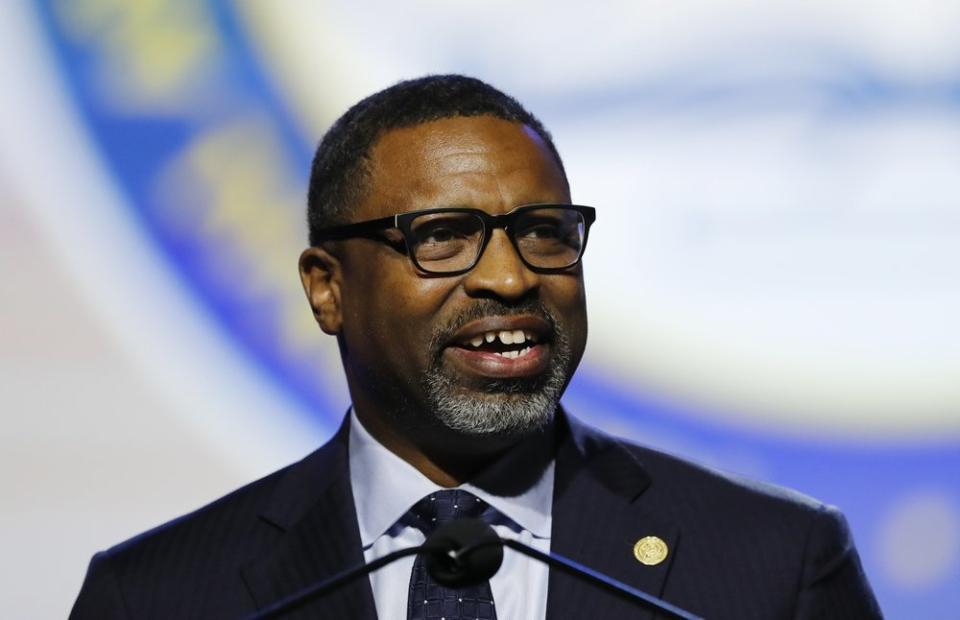 NAACP President and CEO, Derrick Johnson addresses the 110th NAACP National Convention in Detroit on July 22, 2019. (AP Photo/Carlos Osorio, File)