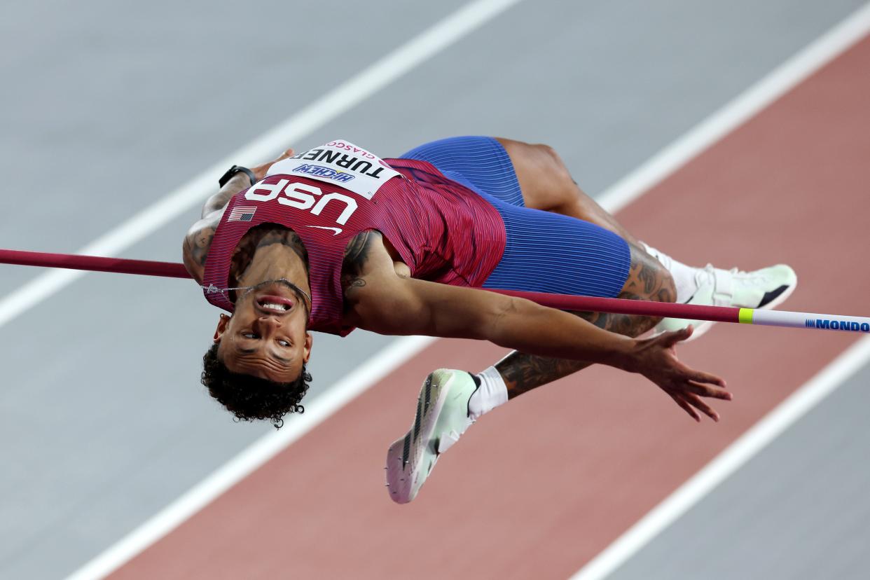 USA's Vernon Turner competes in the men's high jump final on Day 3 of the World Athletics Indoor Championships Glasgow 2024 at Emirates Arena on March 3 in Glasgow, Scotland.