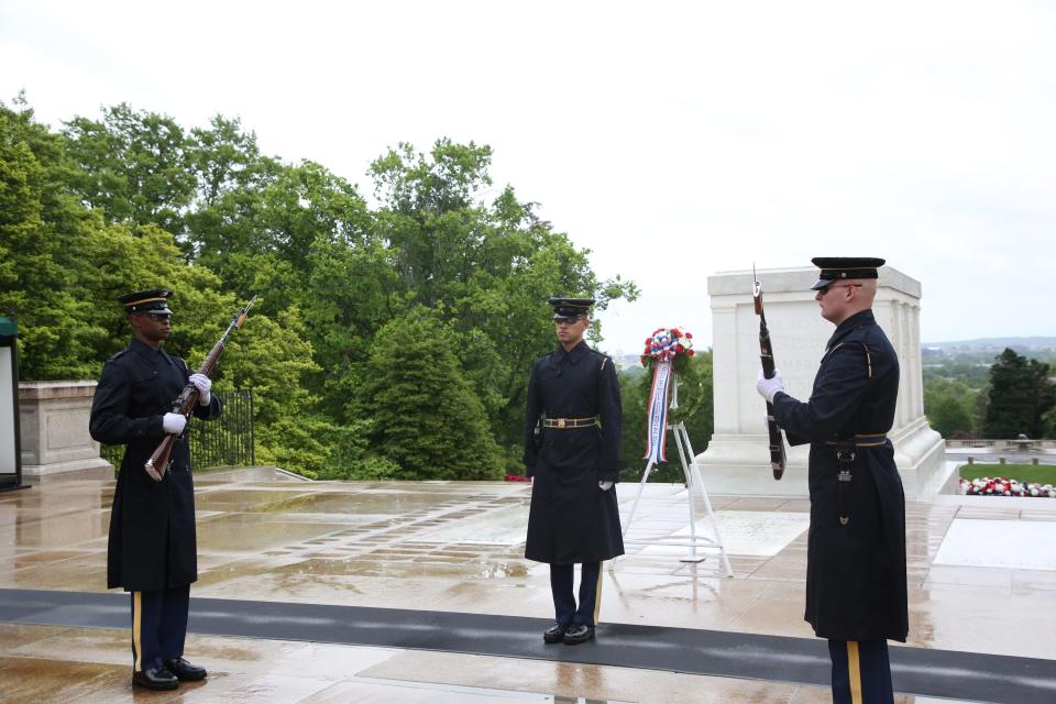 Guards perform the changing of the guard ceremony at the Tomb of the Unknown, April 27, 2024.