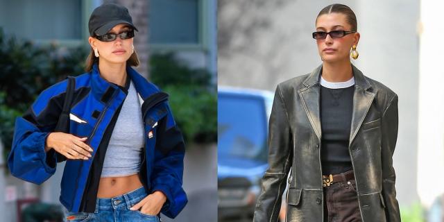 Hailey Bieber Wears a Black Blazer, No Pants, and Baby Blue Slippers