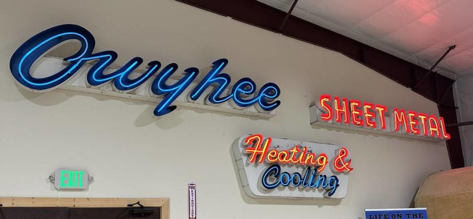 When Owyhee Sheet Metal and Heating & Cooling closed its Nampa location this year, Owyhee County Museum director Eriks Garsvo, who loves neon, convinced them to donate its neon sign, which hangs in the museum’s annex building.
