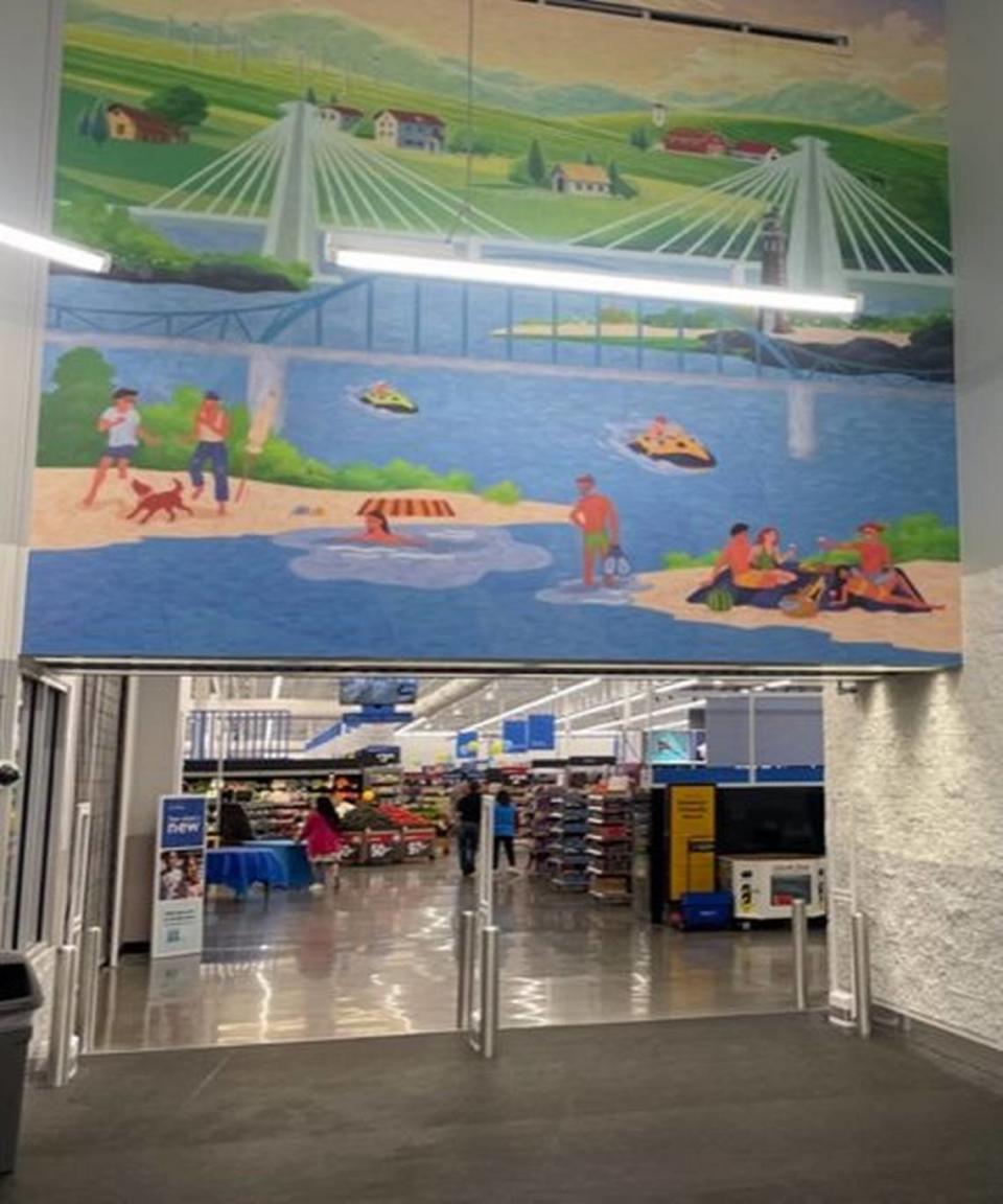 Walmart unveiled a Kennewick-themed mural over an entrance to its its updated store at 2720 S. Quillan St. on Aug. 4 following a storewide facelift. The mural program is installing local art at stores across America. Image courtesy Walmart Inc.