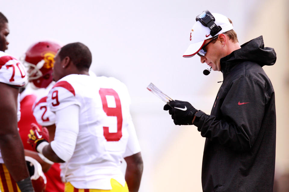 Dec 31, 2012; El Paso, TX, USA; USC Trojans head coach Lane Kiffin against the Georgia Tech Yellow Jackets during the second half of the the 79th Sun Bowl. Mandatory Credit: Ivan Pierre Aguirre-USA TODAY Sports