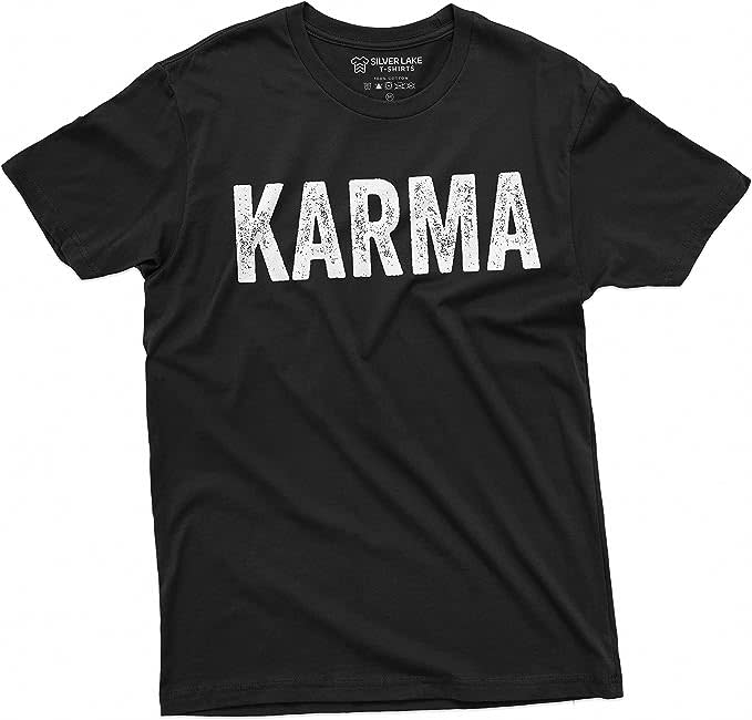 black t-shirt that reads "karma" in white text