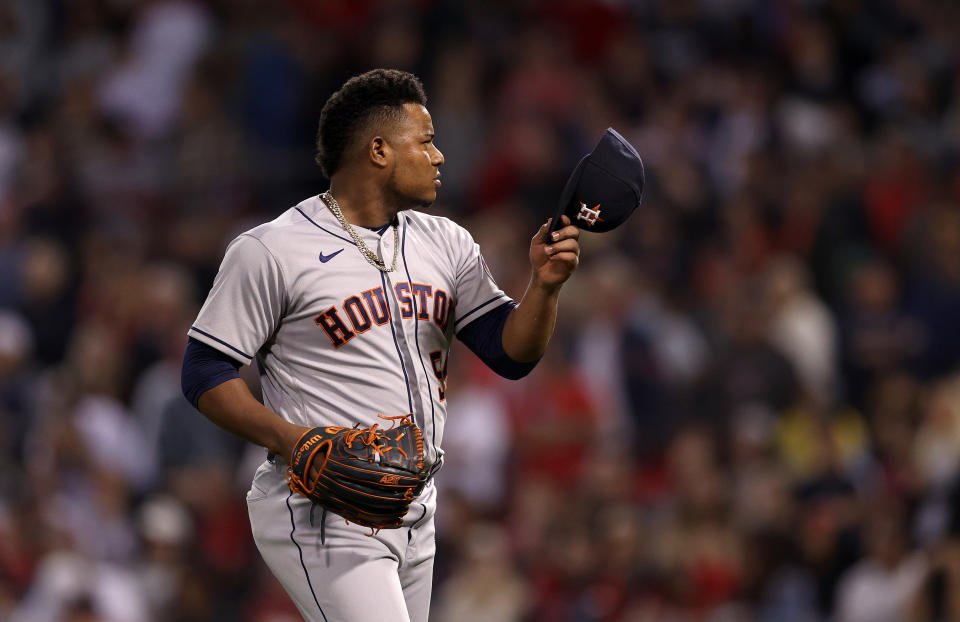BOSTON, MASSACHUSETTS - OCTOBER 20: Framber Valdez #59 of the Houston Astros walks off the mound after the eighth inning of Game Five of the American League Championship Series against the Boston Red Sox at Fenway Park on October 20, 2021 in Boston, Massachusetts. (Photo by Elsa/Getty Images)