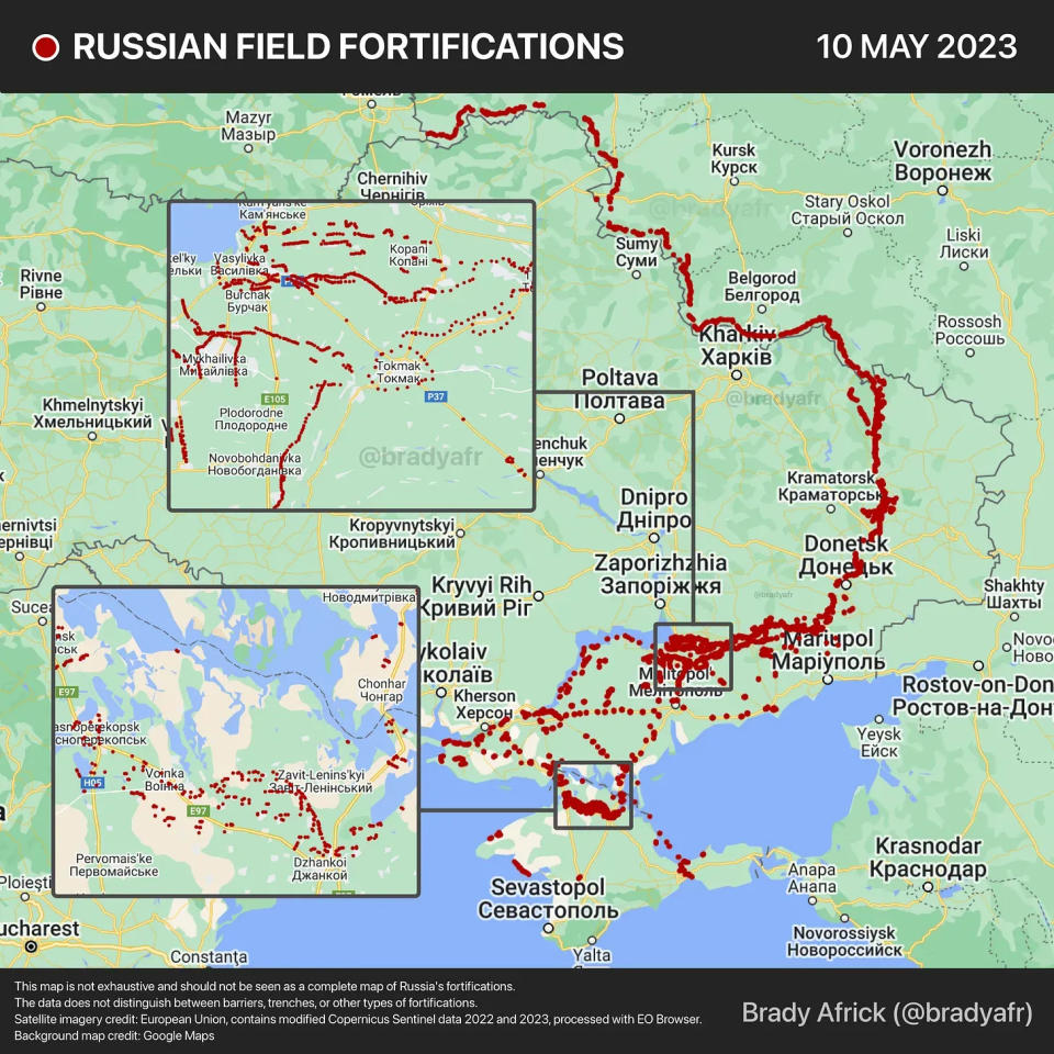 A map of Russia's known fortifications across Ukraine, compiled by Brady Africk, a media relations associate in foreign and defense policy at the American Enterprise Institute. (Screenshot)