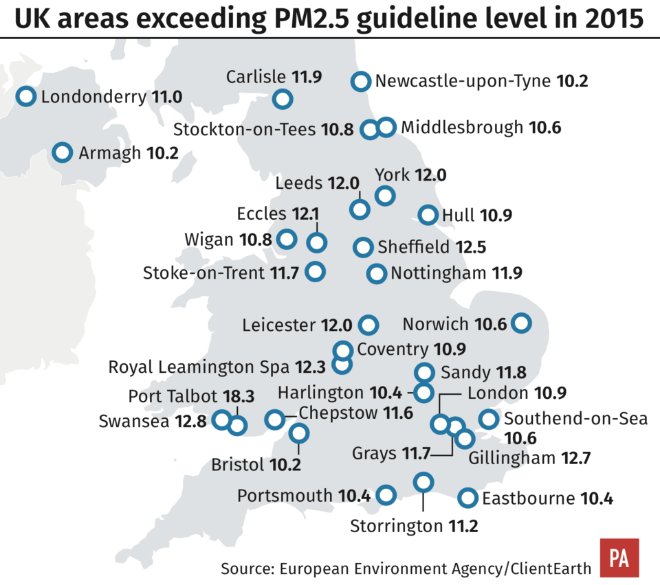 A graphic showing the UK areas which exceeded pollution guideline levels in 2015. (PA)