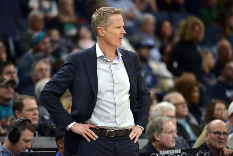 Golden State Warriors head coach Steve Kerr looks on from the sideline in the second half of an NBA basketball game against the Memphis Grizzlies, Sunday, Jan. 12, 2020, in Memphis, Tenn. (AP Photo/Brandon Dill)