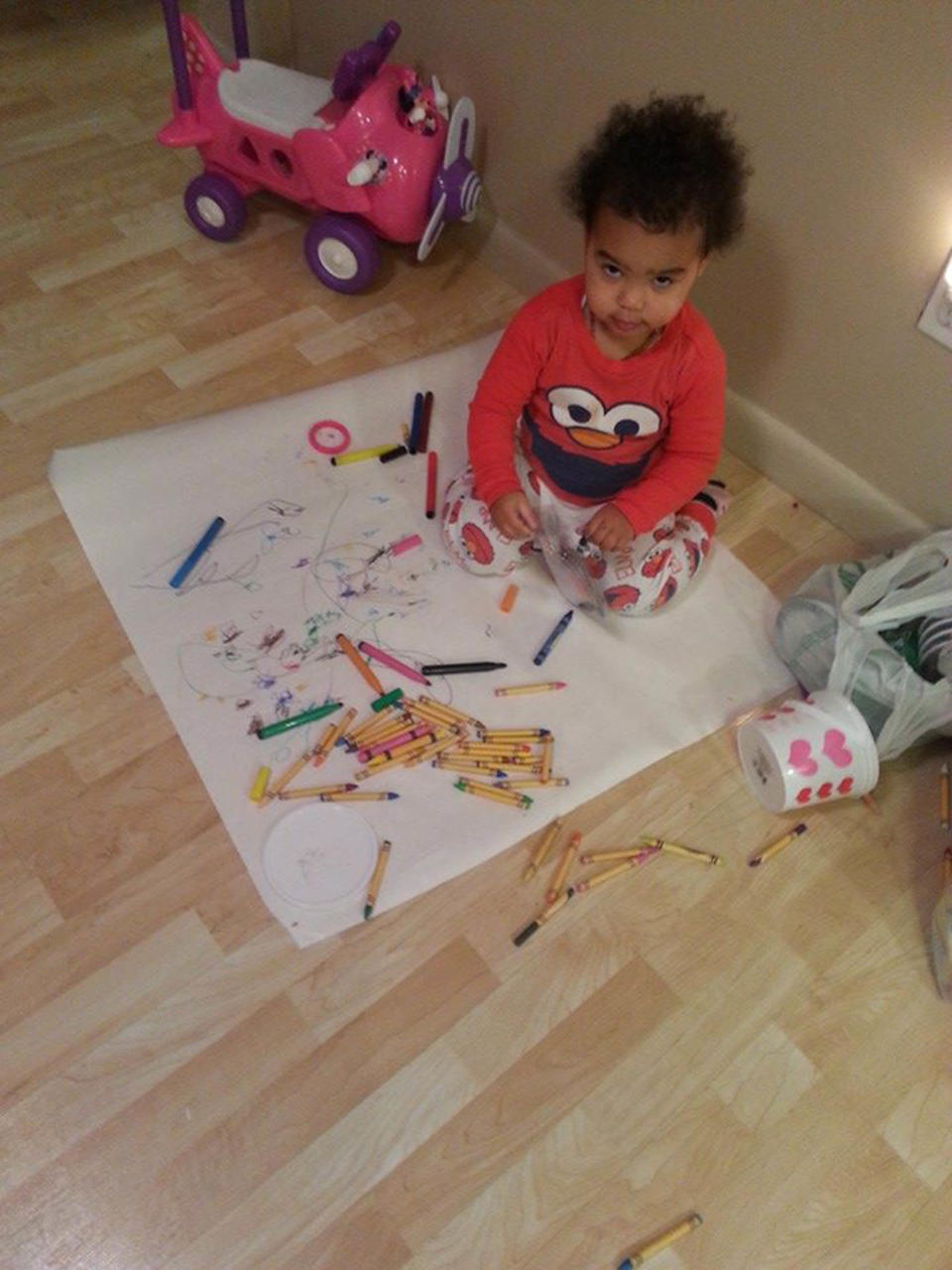 I have to tape paper to the floor and let her color just so I can clean the apartment. It works, but then I have to clean the marker off of her!