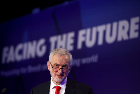 FILE PHOTO: Jeremy Corbyn, leader of the Labour Party, gives a speech at the EEF National Manufacturing conference, in London, Britain, February 19, 2019. REUTERS/Hannah McKay/File Photo