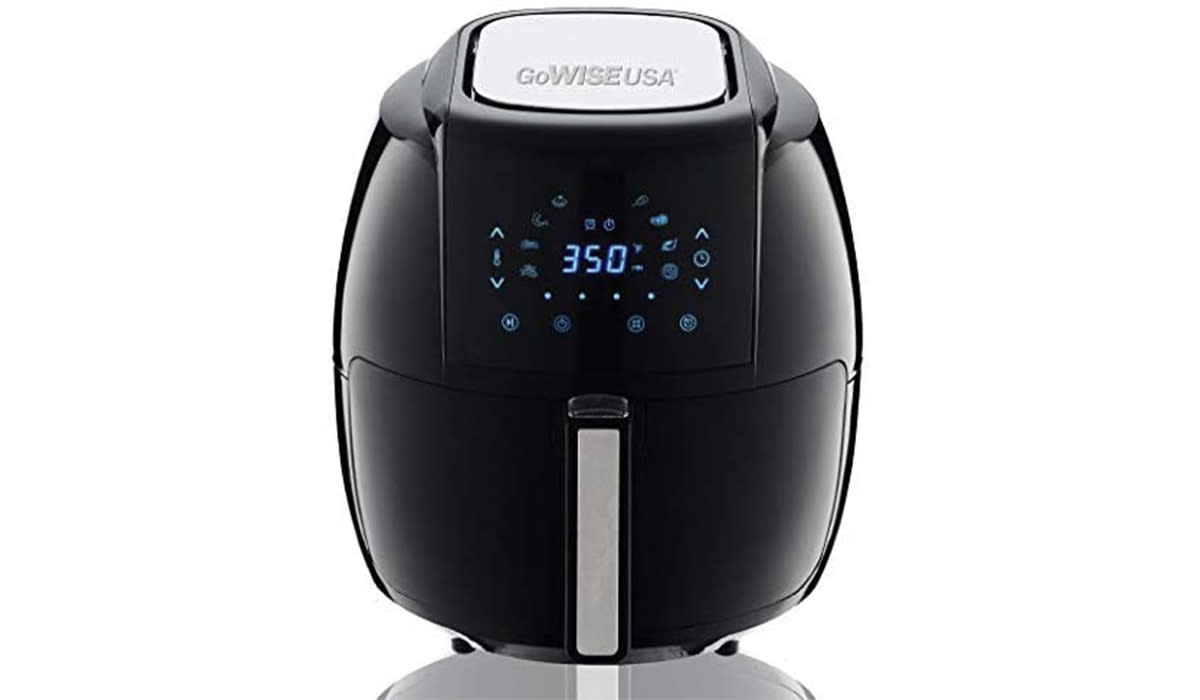 Black air fryer with digital screen on the front showing 350 degree temperature.