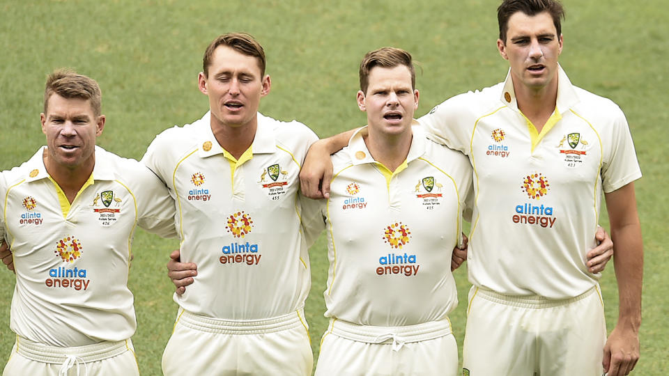 David Warner, Marnus Labuschagne, Steve Smith and Pat Cummins, pictured here before the first Ashes Test at the Gabba.