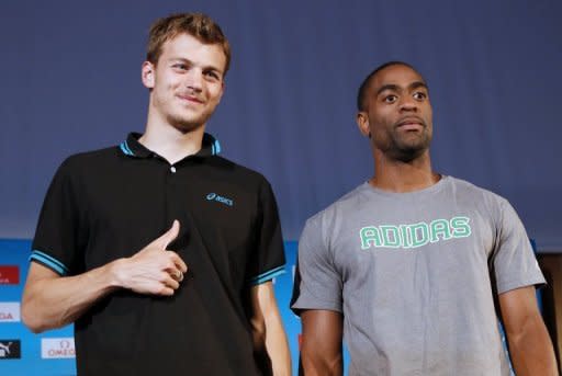 French athlete Christophe Lemaitre (left) and American Tyson Gay pictured during the AREVA meeting presentation in Paris on July 4. Gay and Justin Gatlin will go head-to-head in the Diamond League meeting on Friday, with home hope Lemaitre also hoping to show his form ahead of the fast-approaching London Olympics