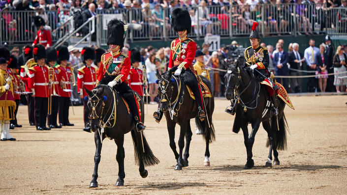 Britain's Prince Charles, Prince William and Princess Anne ride horses during the Trooping the Colour ceremony at Horse Guards Parade, as a part of the Queen's Platinum Jubilee celebrations, in London, Britain June 2, 2022. <span class="copyright">Yui Mok/Pool via REUTERS</span>