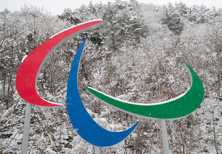 The Paralympic symbols (The Agitos) are seen at the Jeongseon Alpine Centre in Pyeongchang, South Korea, March 8, 2018. OIS/IOC/Simon Bruty/Handout via Reuters