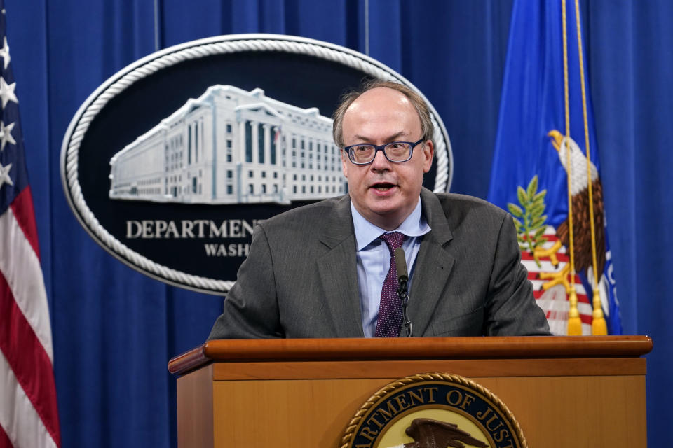 Jeff Clark, Assistant Attorney General for the Environment and Natural Resources Division, speaks during a news conference at the Justice Department in Washington, Monday, Sept. 14, 2020. Automakers Daimler AG and subsidiary Mercedes-Benz USA have agreed to pay $1.5 billion to the U.S. government and California state regulators to resolve emissions cheating allegations. (AP Photo/Susan Walsh, Pool)