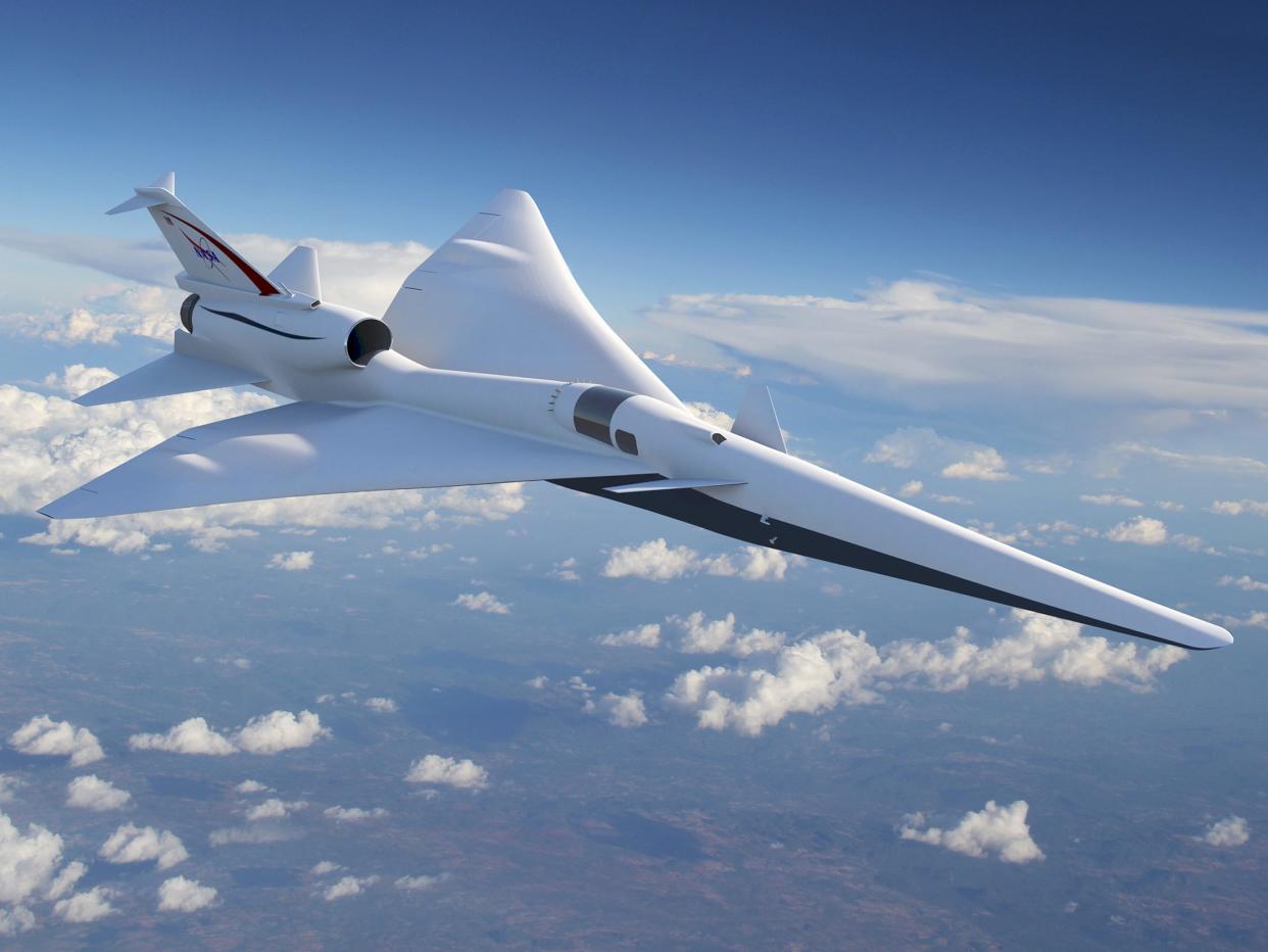 A rendering of Nasa's Low Boom Flight Demonstration Quiet Supersonic Transport (QueSST) X-plane design - Lockheed Martin