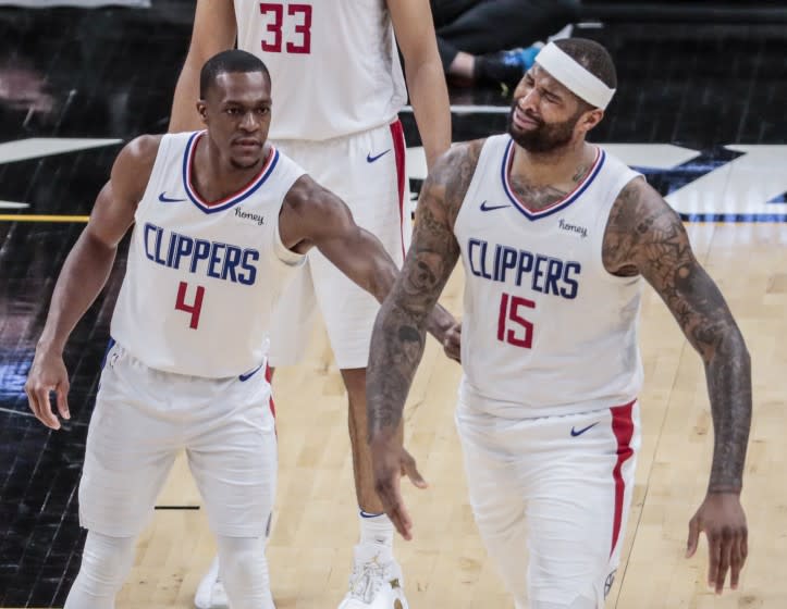 Sunday, June 20, 2021, Phoenix, Arizona - LA Clippers center DeMarcus Cousins (15) shows frustration after fouling Phoenix Suns forward Dario Saric (20) in Game one of the NBA Western Conference Finals at Phoenix Suns Arena. (Robert Gauthier/Los Angeles Times)